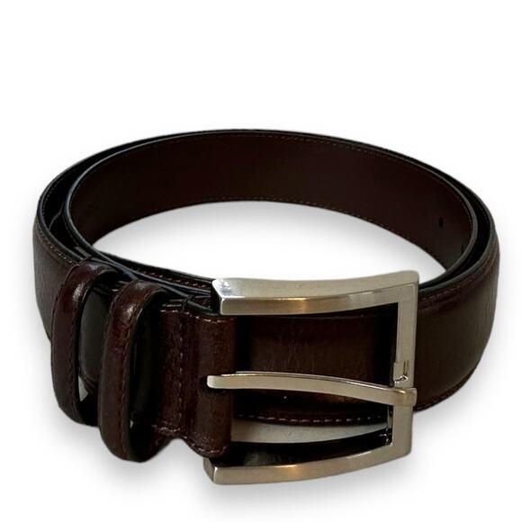 Jos A Bank Leather Belt Size 34 Dress Dark Brown Silver Buckle Career Business - Picture 1 of 12